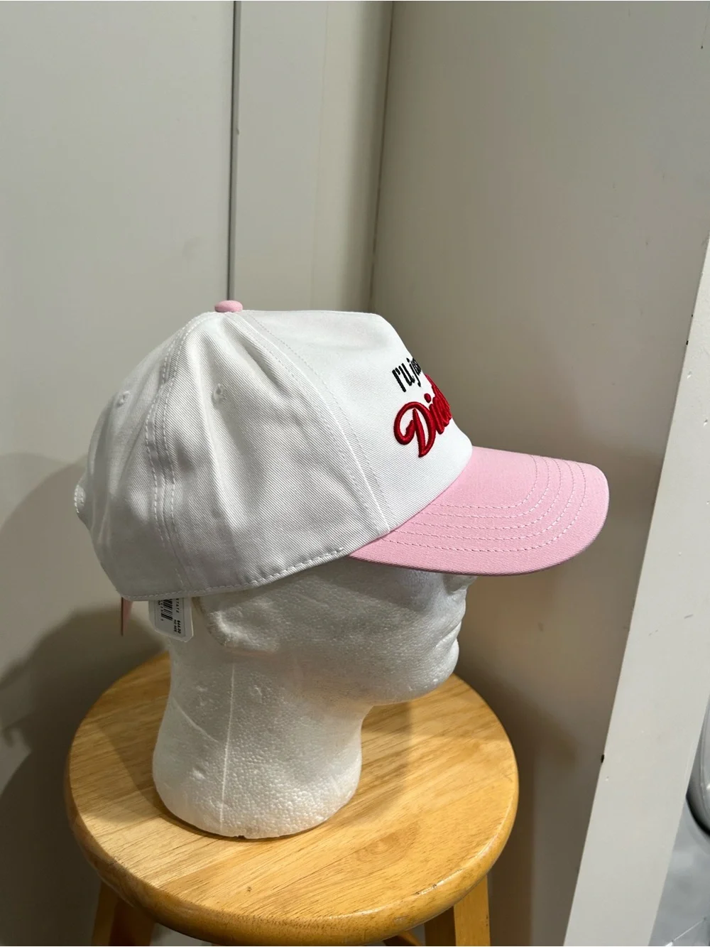 American Needle White Trucker Hat with Pink Bill and Red Embroidery